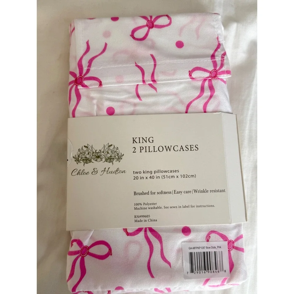 Chloe & Hudson King Pillowcase Set 2pc Pink Bows Polka Dots White‎ Soft Brushed